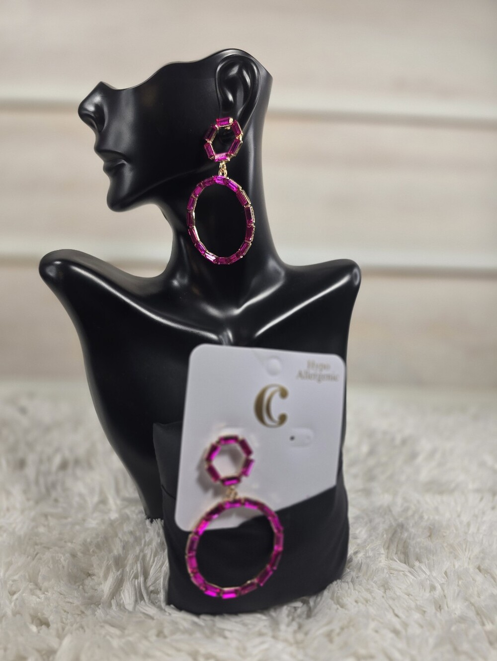 Hypoallergenic Pink Crystal Hoop Drop Earrings
